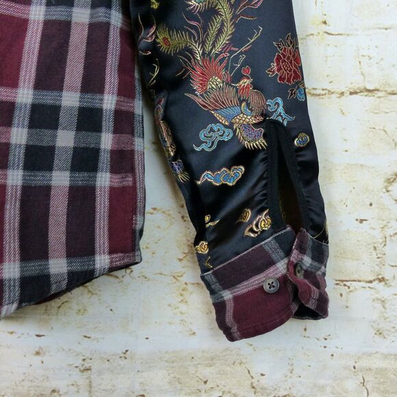 Furst of A Kind Shirt L/XL Plaid Flannel Dragon Satin Sleeves Mixed Media Button - Picture 8 of 15